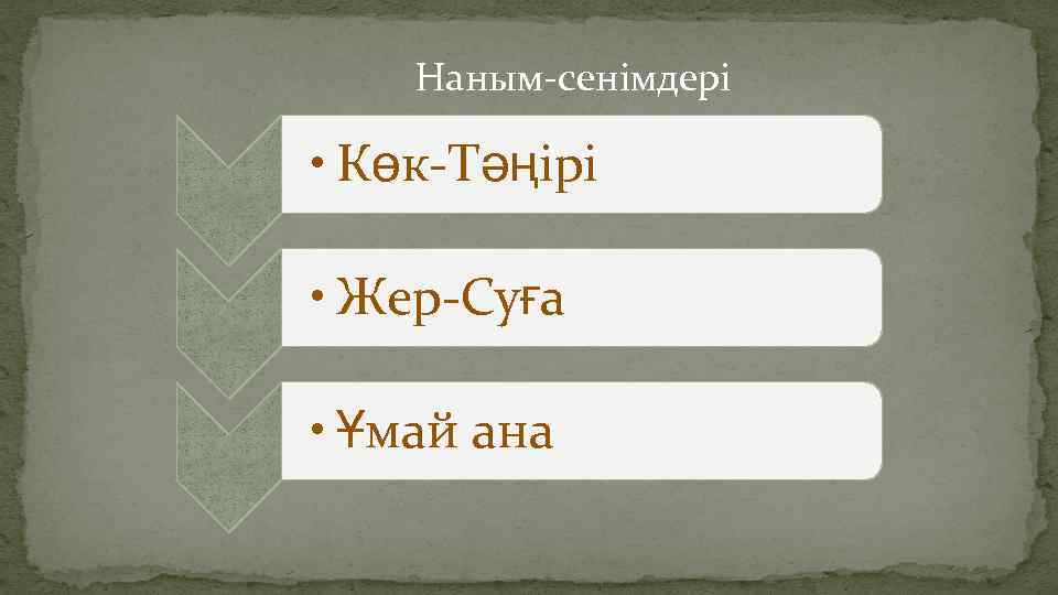 Наным-сенімдері • Көк-Тәңірі • Жер-Суға • Ұмай ана 