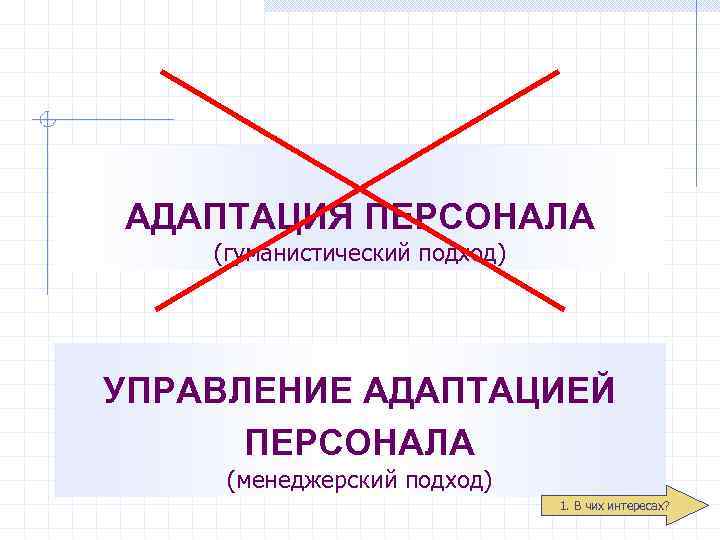 АДАПТАЦИЯ ПЕРСОНАЛА (гуманистический подход) УПРАВЛЕНИЕ АДАПТАЦИЕЙ ПЕРСОНАЛА (менеджерский подход) 1. В чих интересах? 