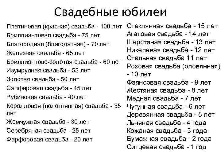 Свадебные юбилеи Платиновая (красная) свадьба - 100 лет Бриллиантовая свадьба - 75 лет Благородная