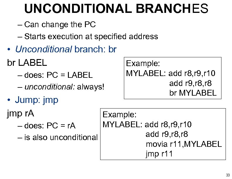 UNCONDITIONAL BRANCHES – Can change the PC – Starts execution at specified address •