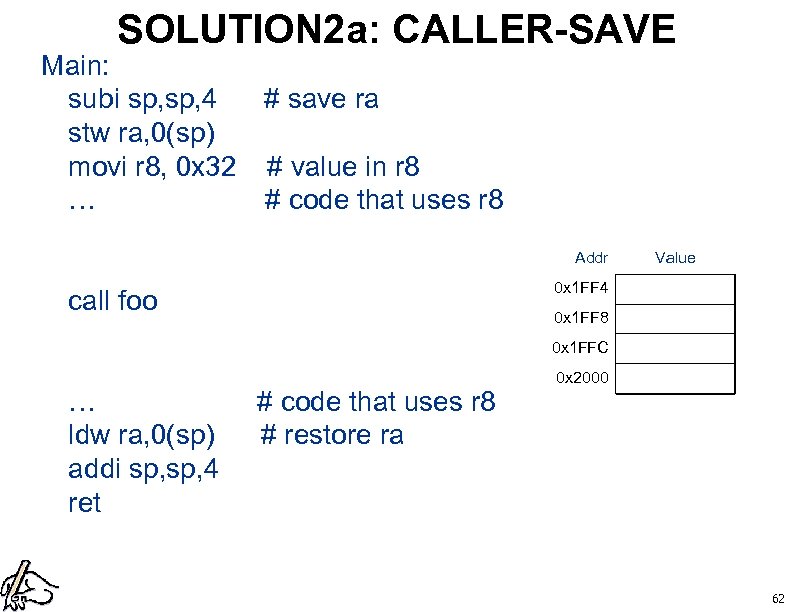 SOLUTION 2 a: CALLER-SAVE Main: subi sp, 4 # save ra stw ra, 0(sp)