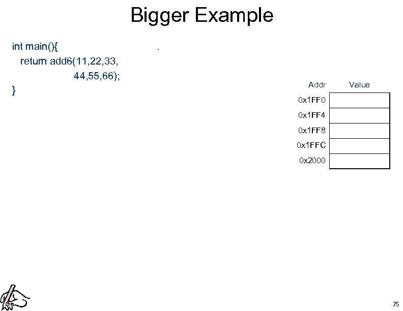Bigger Example int main(){ return add 6(11, 22, 33, 44, 55, 66); } .