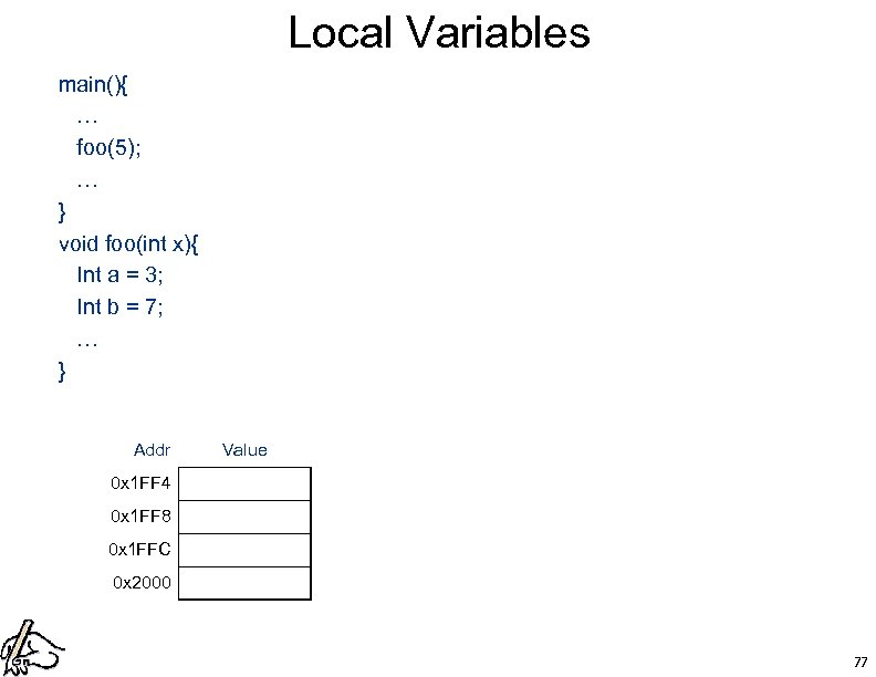 Local Variables main(){ … foo(5); … } void foo(int x){ Int a = 3;