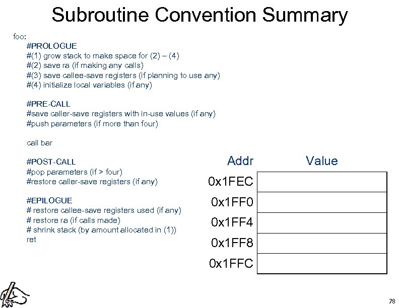 Subroutine Convention Summary foo: #PROLOGUE #(1) grow stack to make space for (2) –