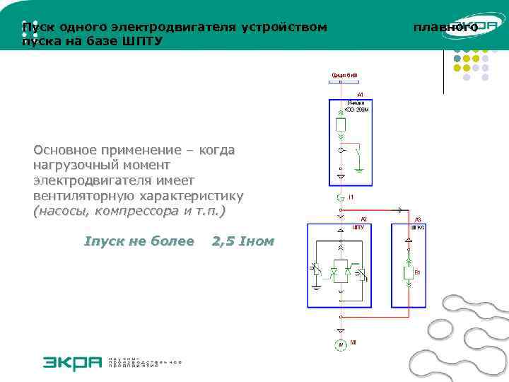 Пуск одного электродвигателя устройством плавного пуска на базе ШПТУ Основное применение – когда нагрузочный