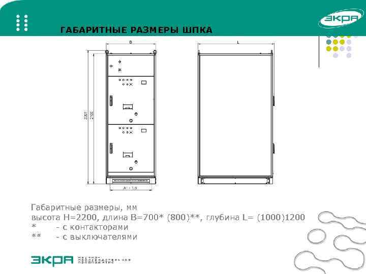 ГАБАРИТНЫЕ РАЗМЕРЫ ШПКА Габаритные размеры, мм высота H=2200, длина B=700* (800)**, глубина L= (1000)1200