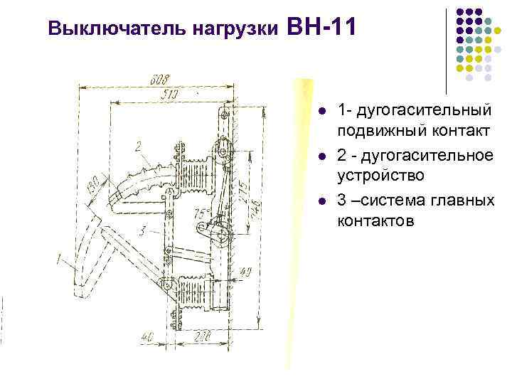 Выключатель нагрузки ВН-11 l l l 1 - дугогасительный подвижный контакт 2 - дугогасительное