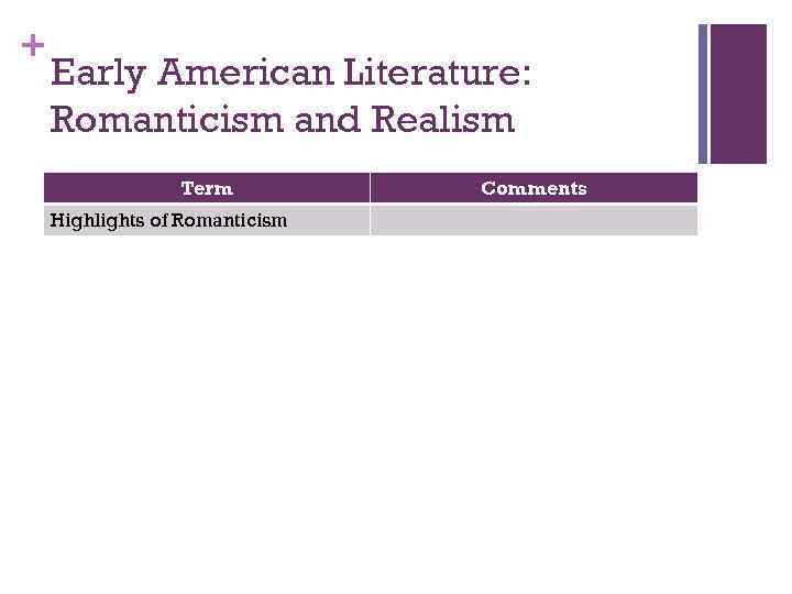 + Early American Literature: Romanticism and Realism Term Highlights of Romanticism Comments 