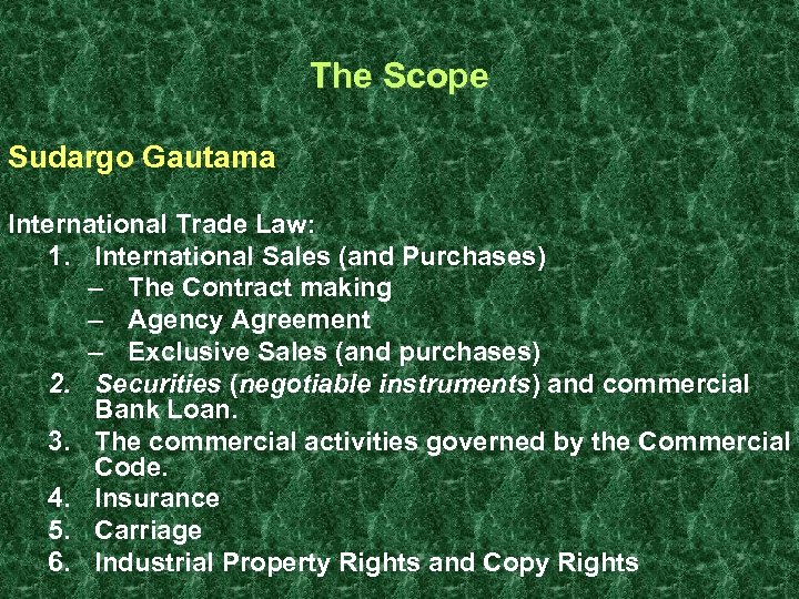 The Scope Sudargo Gautama International Trade Law: 1. International Sales (and Purchases) – The