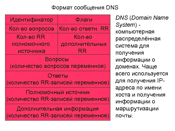 Формат сообщения DNS Идентификатор Флаги Кол-во вопросов Кол-во ответн. RR Кол-во ответных полномочного дополнительных