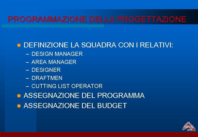 PROGRAMMAZIONE DELLA PROGETTAZIONE l DEFINIZIONE LA SQUADRA CON I RELATIVI: – – – DESIGN