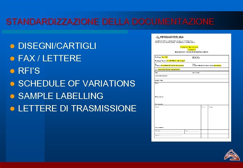 STANDARDIZZAZIONE DELLA DOCUMENTAZIONE l l l DISEGNI/CARTIGLI FAX / LETTERE RFI’S SCHEDULE OF VARIATIONS