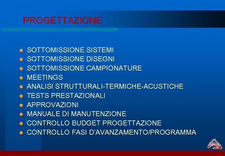 PROGETTAZIONE l l l l l SOTTOMISSIONE SISTEMI SOTTOMISSIONE DISEGNI SOTTOMISSIONE CAMPIONATURE MEETINGS ANALISI