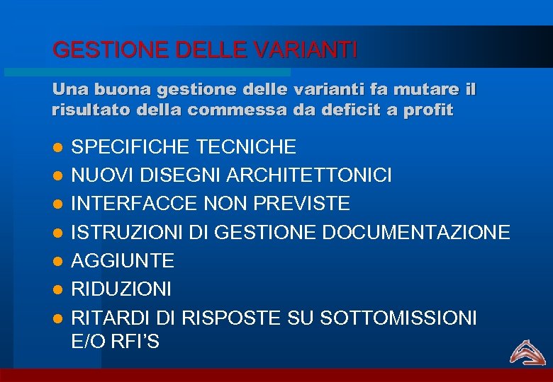 GESTIONE DELLE VARIANTI Una buona gestione delle varianti fa mutare il risultato della commessa