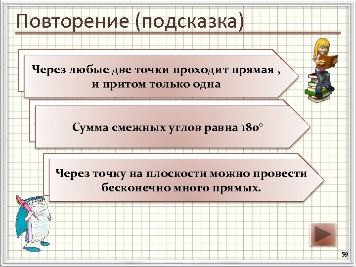 Повторение (подсказка) Сформулируйте аксиому о взаимном Через любые две точки проходит прямая , расположении