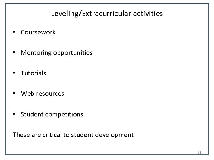 Leveling/Extracurricular activities • Coursework • Mentoring opportunities • Tutorials • Web resources • Student