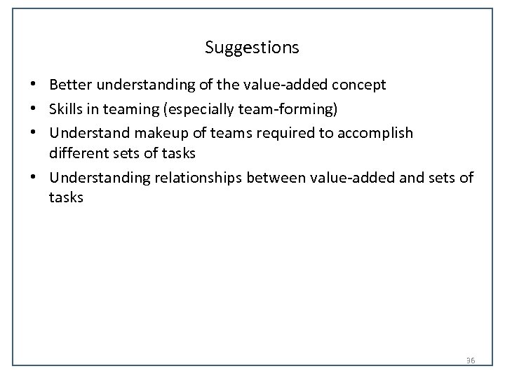 Suggestions • Better understanding of the value-added concept • Skills in teaming (especially team-forming)