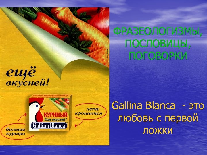 ФРАЗЕОЛОГИЗМЫ, ПОСЛОВИЦЫ, ПОГОВОРКИ Gallina Blanca - это любовь с первой ложки 