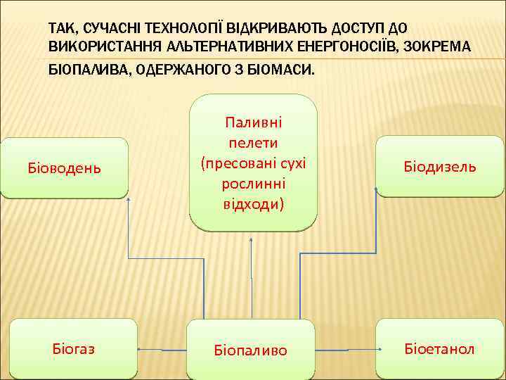 ТАК, СУЧАСНІ ТЕХНОЛОГІЇ ВІДКРИВАЮТЬ ДОСТУП ДО ВИКОРИСТАННЯ АЛЬТЕРНАТИВНИХ ЕНЕРГОНОСІЇВ, ЗОКРЕМА БІОПАЛИВА, ОДЕРЖАНОГО З БІОМАСИ.
