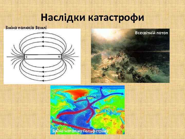 Наслідки катастрофи Зміна полюсів Землі Всесвітній потоп Зміна напряму Гольфстріму 