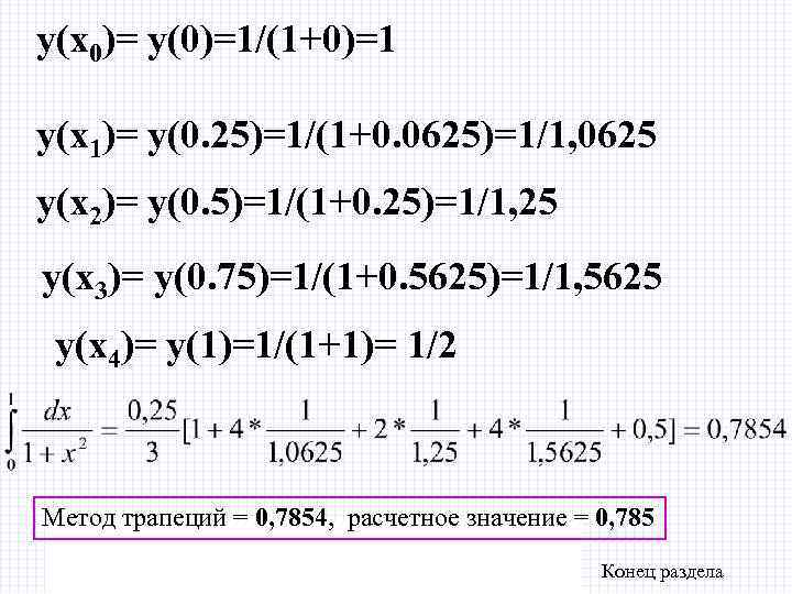 y(x 0)= y(0)=1/(1+0)=1 y(x 1)= y(0. 25)=1/(1+0. 0625)=1/1, 0625 y(x 2)= y(0. 5)=1/(1+0. 25)=1/1,