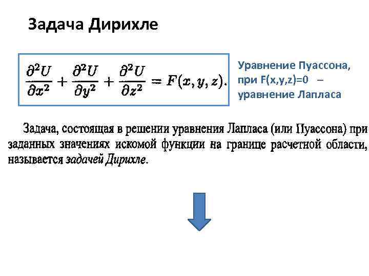 Задача Дирихле Уравнение Пуассона, при F(x, y, z)=0 – уравнение Лапласа 