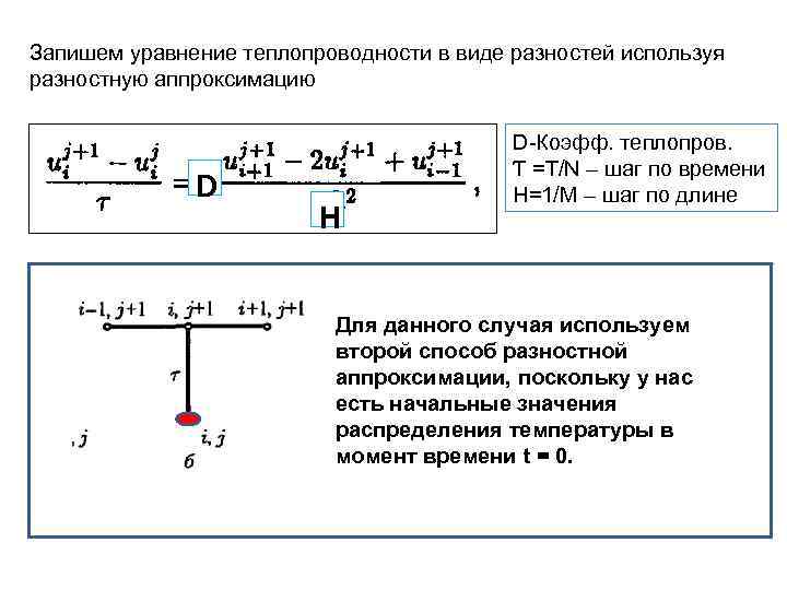 Запишем уравнение теплопроводности в виде разностей используя разностную аппроксимацию D H D-Коэфф. теплопров. Ƭ