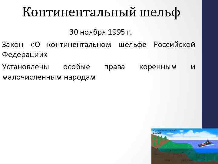 Континентальный шельф 30 ноября 1995 г. Закон «О континентальном шельфе Российской Федерации» Установлены особые