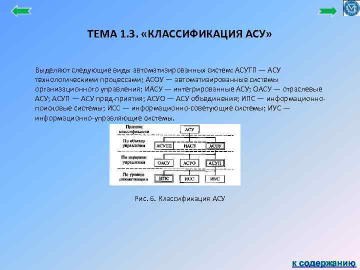 ТЕМА 1. 3. «КЛАССИФИКАЦИЯ АСУ» Выделяют следующие виды автоматизированных систем: АСУТП — АСУ технологическими