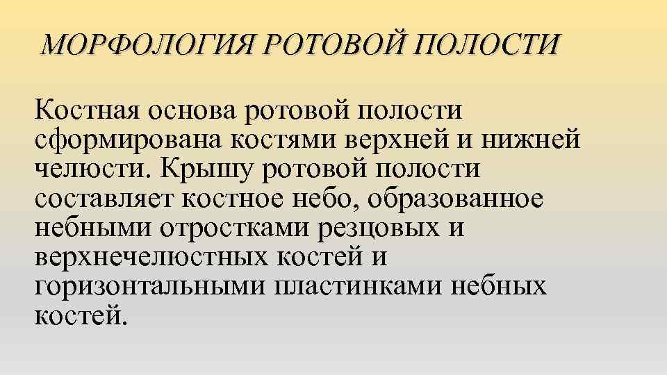 МОРФОЛОГИЯ РОТОВОЙ ПОЛОСТИ Костная основа ротовой полости сформирована костями верхней и нижней челюсти. Крышу