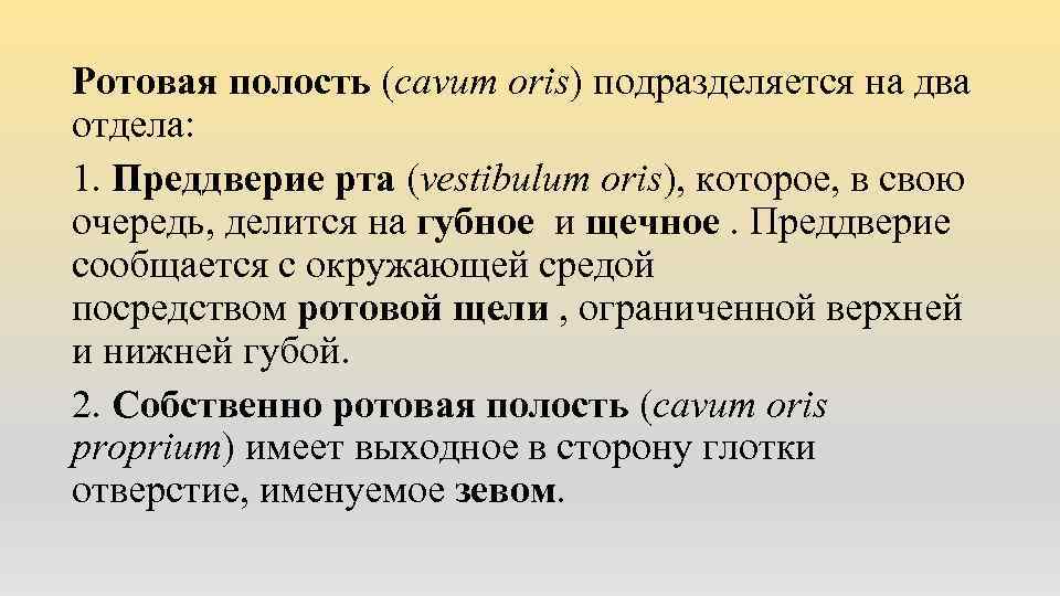 Ротовая полость (cavum oris) подразделяется на два отдела: 1. Преддверие рта (vestibulum oris), которое,