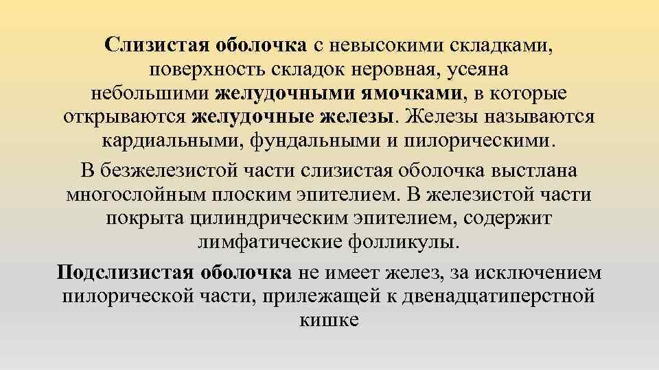 Слизистая оболочка с невысокими складками, поверхность складок неровная, усеяна небольшими желудочными ямочками, в которые