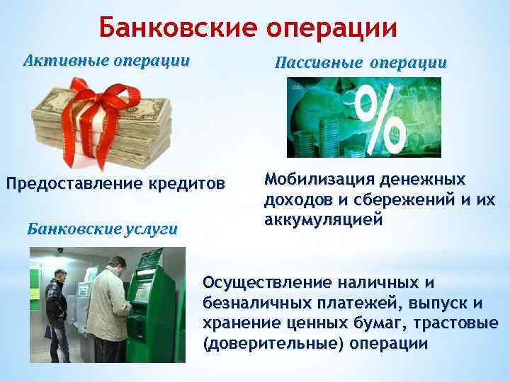 Банковские операции Активные операции Пассивные операции Предоставление кредитов Банковские услуги Мобилизация денежных доходов и