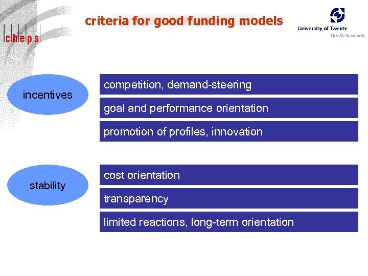 criteria for good funding models incentives competition, demand-steering goal and performance orientation promotion of