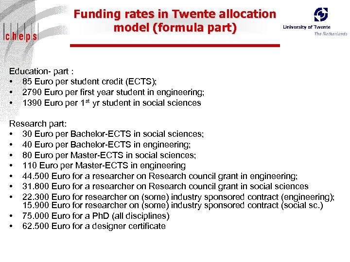 Funding rates in Twente allocation model (formula part) Education- part : • 85 Euro