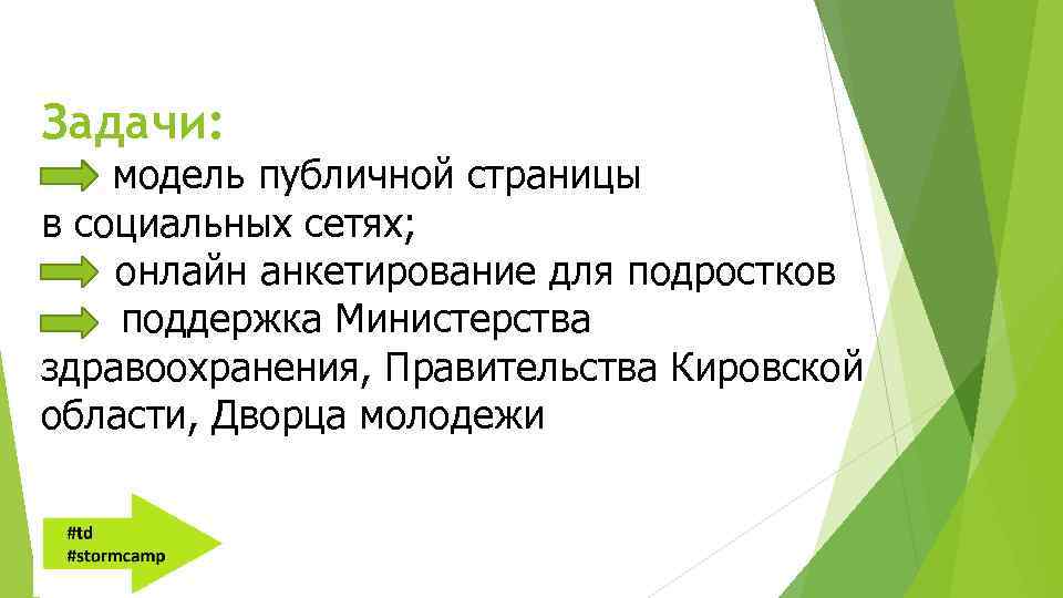 Задачи: модель публичной страницы в социальных сетях; онлайн анкетирование для подростков поддержка Министерства здравоохранения,