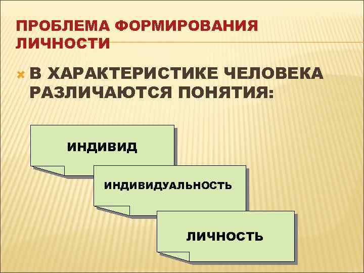 ПРОБЛЕМА ФОРМИРОВАНИЯ ЛИЧНОСТИ В ХАРАКТЕРИСТИКЕ ЧЕЛОВЕКА РАЗЛИЧАЮТСЯ ПОНЯТИЯ: ИНДИВИДУАЛЬНОСТЬ ЛИЧНОСТЬ 