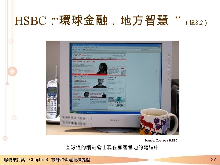 HSBC： “環球金融，地方智慧 ” （圖 8. 2） Source: Courtesy HSBC 全球性的網站會出現在顧客當地的電腦中 服務業行銷 Chapter 8 設計和管理服務流程