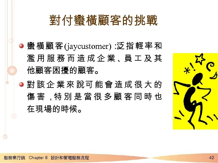 對付蠻橫顧客的挑戰 蠻 橫 顧 客 (jaycustomer)： 指 輕 率 和 泛 濫 用 服