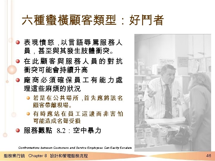 六種蠻橫顧客類型：好鬥者 表現憤怒， 言語辱罵服務人 以 員，甚至與其發生肢體衝突。 在此顧客與服務人員的對抗 衝突可能會持續升高 廠商必須確保員 有能力處 理這些麻煩的狀況 若是在公共場所， 先應將該名 首 顧客帶離現場。
