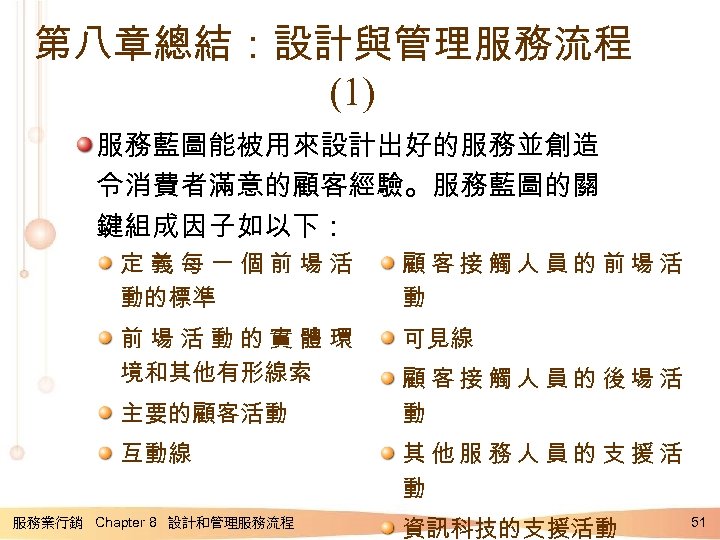 第八章總結：設計與管理服務流程 (1) 服務藍圖能被用來設計出好的服務並創造 令消費者滿意的顧客經驗。服務藍圖的關 鍵組成因子如以下： 定義每一個前場活 動的標準 顧客接觸人員的前場活 動 前場活動的實體環 境和其他有形線索 可見線 主要的顧客活動 互動線