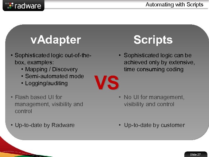 Automating with Scripts v. Adapter • Sophisticated logic out-of-thebox, examples: • Mapping / Discovery