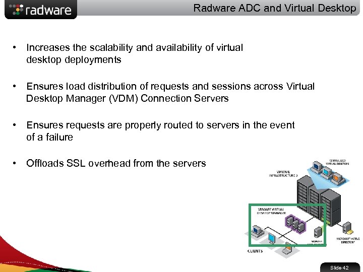 Radware ADC and Virtual Desktop • Increases the scalability and availability of virtual desktop