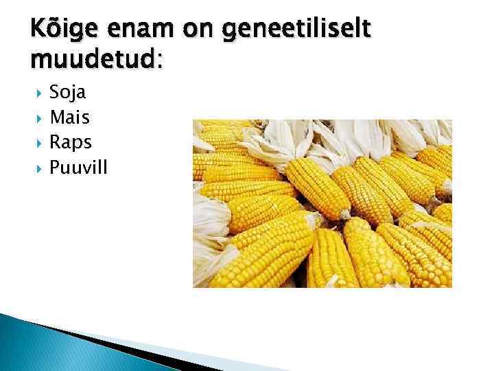 Kõige enam on geneetiliselt muudetud: Soja Mais Raps Puuvill 