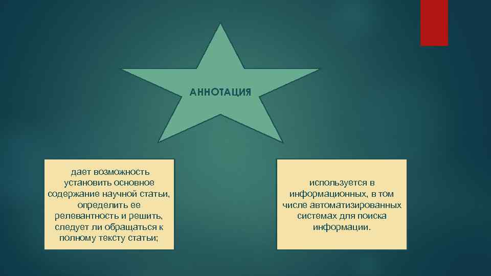 АННОТАЦИЯ дает возможность установить основное содержание научной статьи, определить ее релевантность и решить, следует