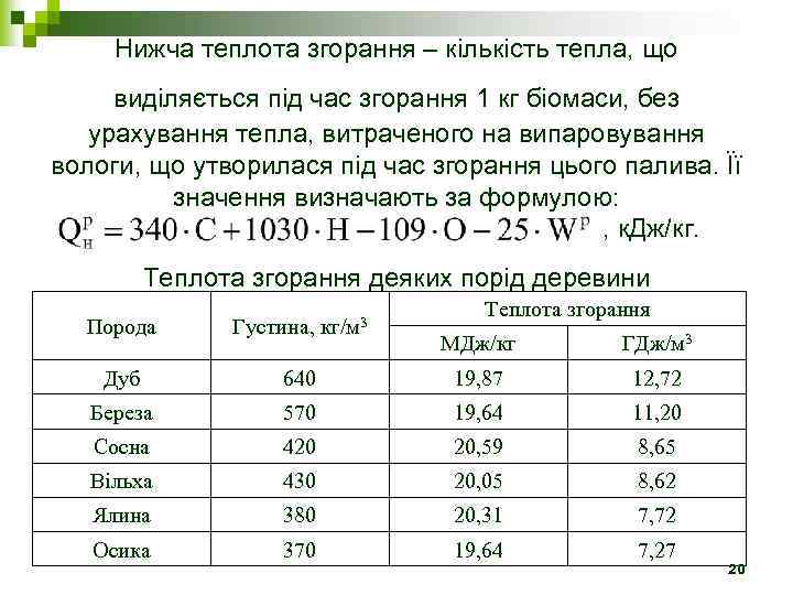 Нижча теплота згорання – кількість тепла, що виділяється під час згорання 1 кг біомаси,