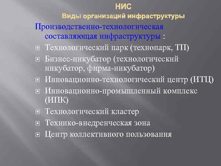 НИС Виды организаций инфраструктуры Производственно-технологическая составляющая инфраструктуры : Технологический парк (технопарк, ТП) Бизнес-инкубатор (технологический