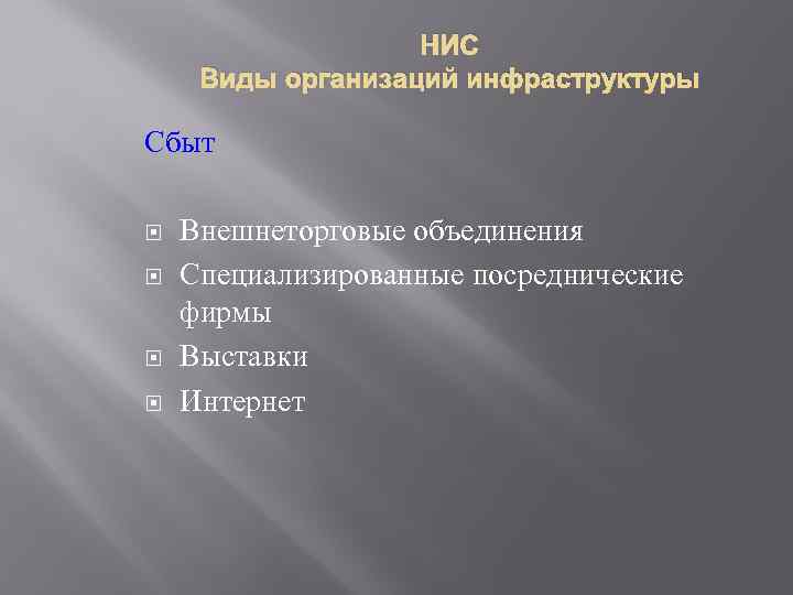 НИС Виды организаций инфраструктуры Сбыт Внешнеторговые объединения Специализированные посреднические фирмы Выставки Интернет 