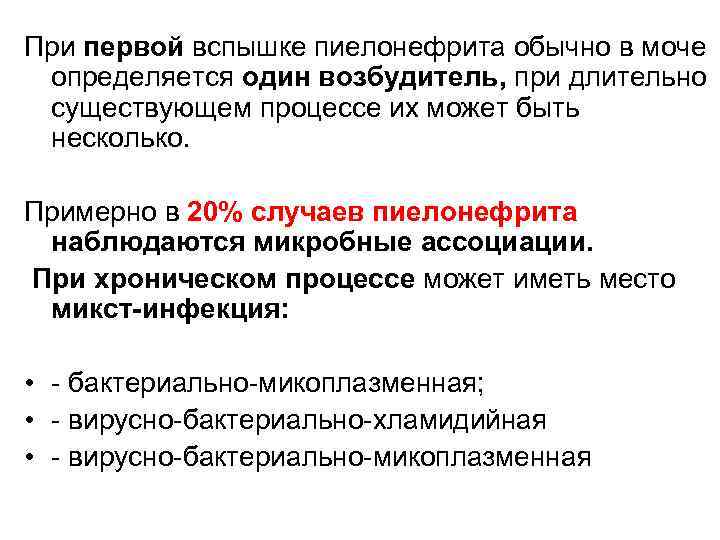 При первой вспышке пиелонефрита обычно в моче определяется один возбудитель, при длительно существующем процессе