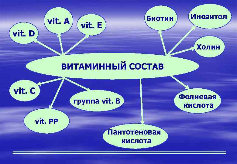 vit. A vit. D Биотин vit. E Инозитол Холин ВИТАМИННЫЙ СОСТАВ vit. C группа